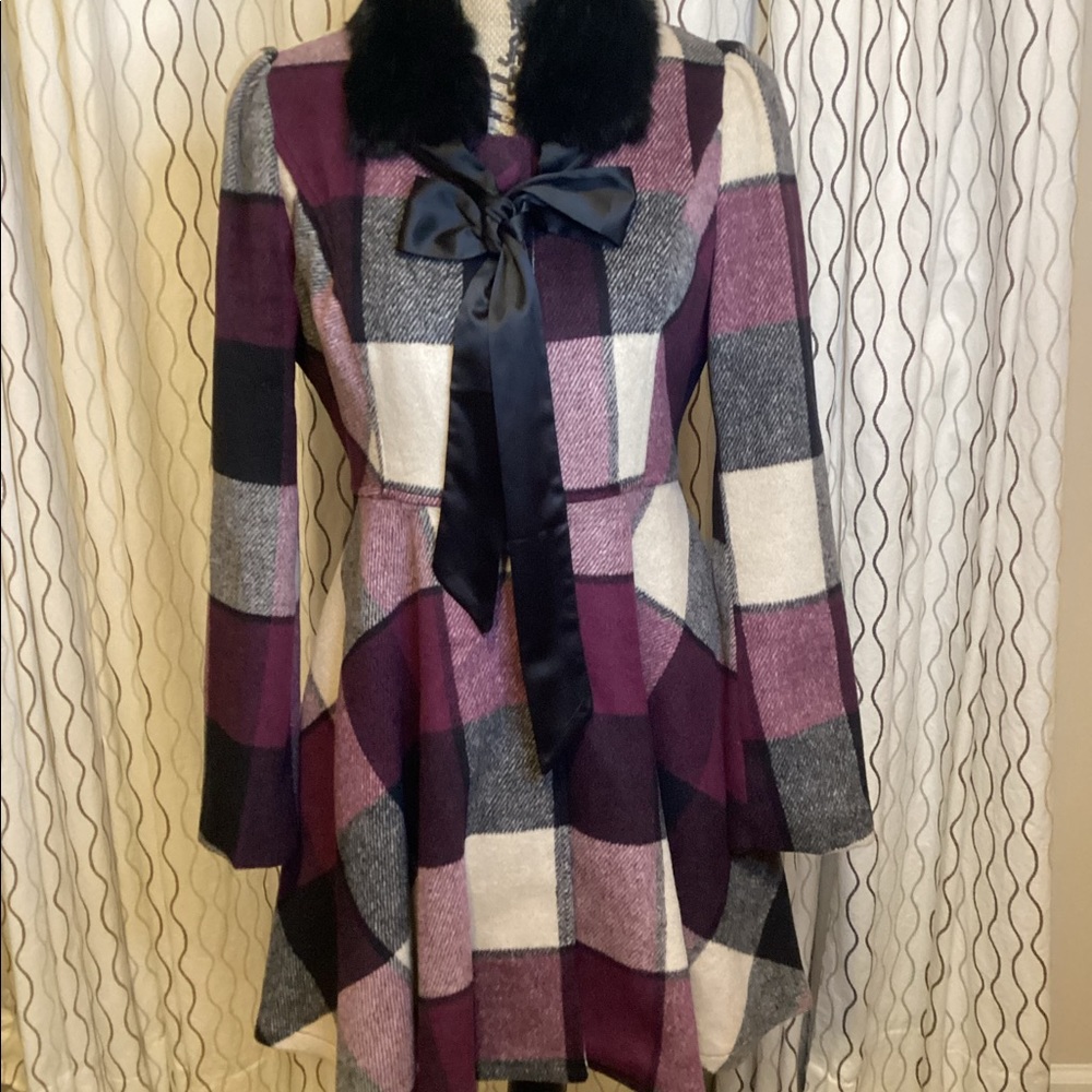Plaid Coat w/Detachable Angora Collar